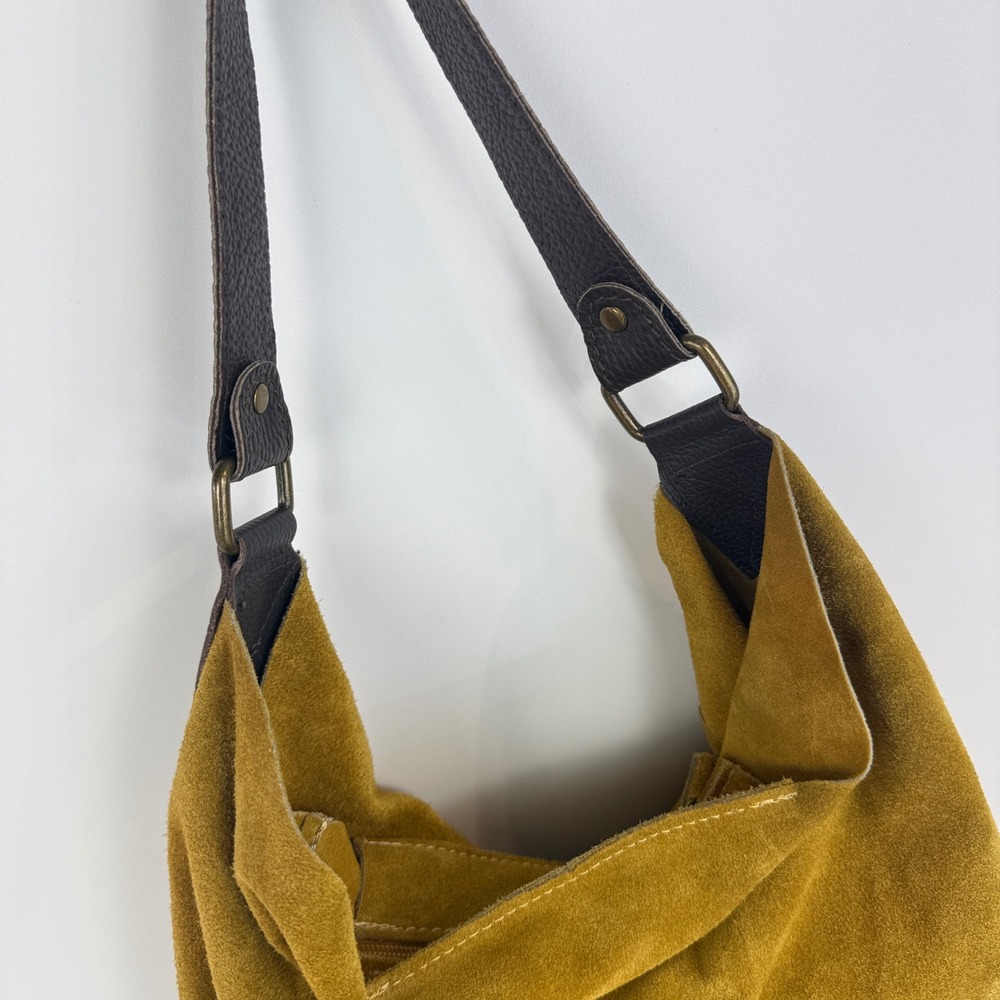 Moda in Italia Hobo Bag Tote Womens Mustard Yellow Suede Leather Slouchy Zip - Picture 4 of 14
